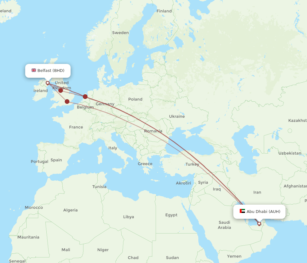 AUH to BHD flights and routes map