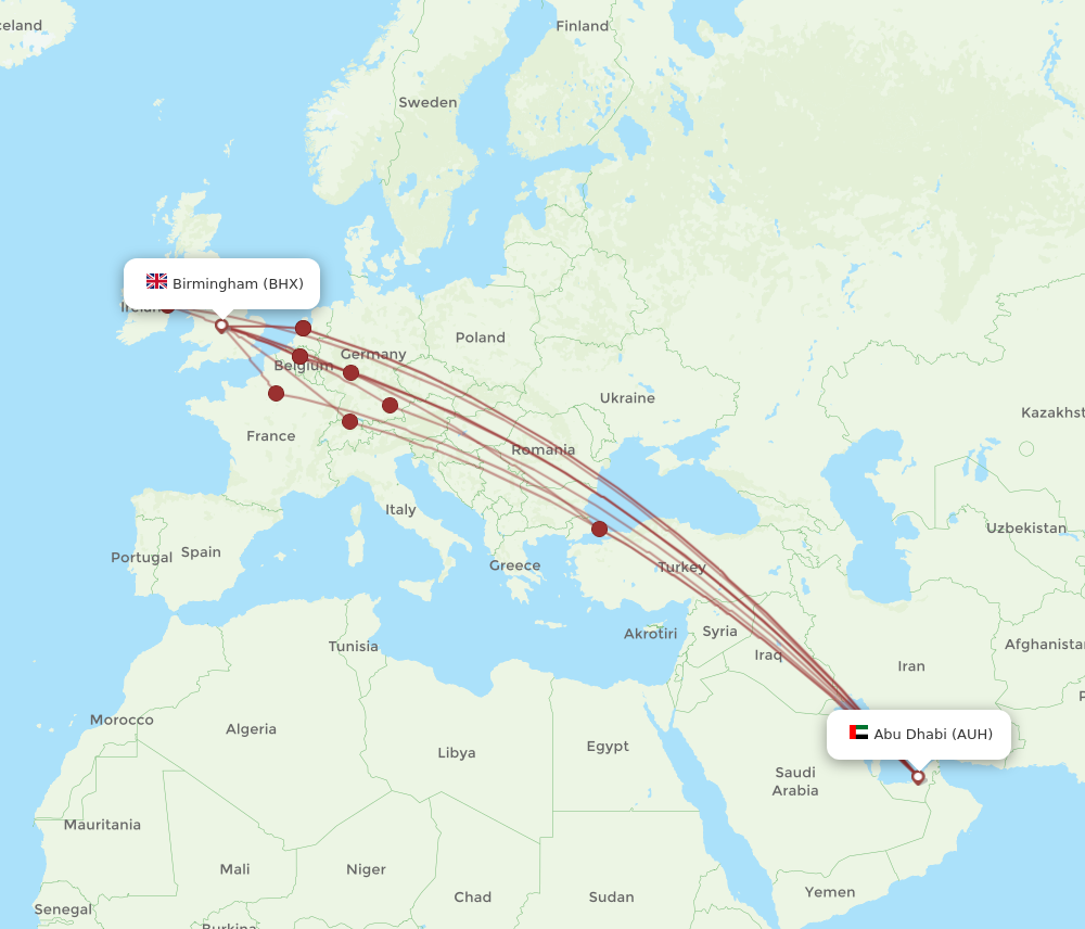 AUH to BHX flights and routes map