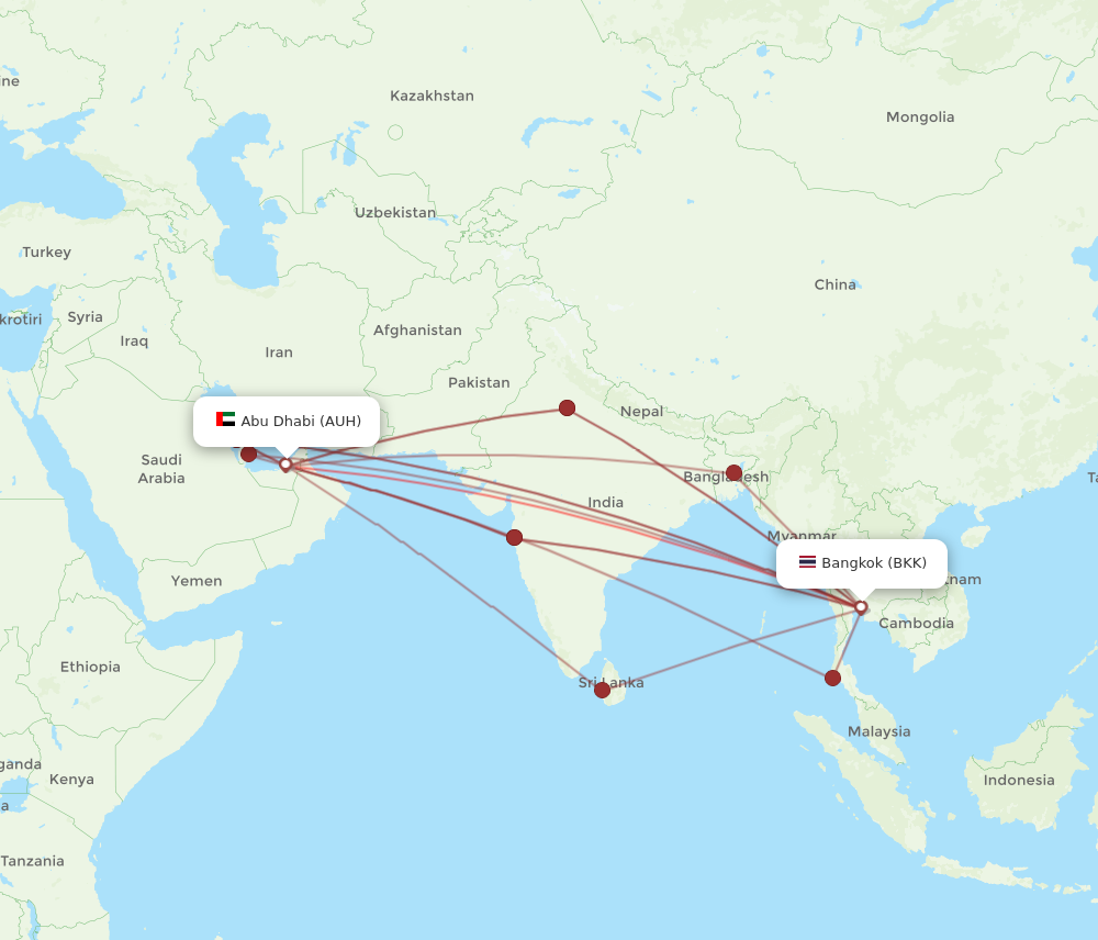 AUH to BKK flights and routes map