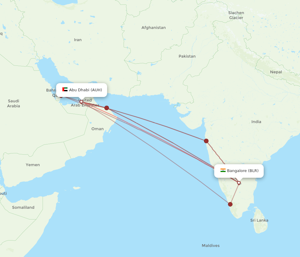 AUH to BLR flights and routes map
