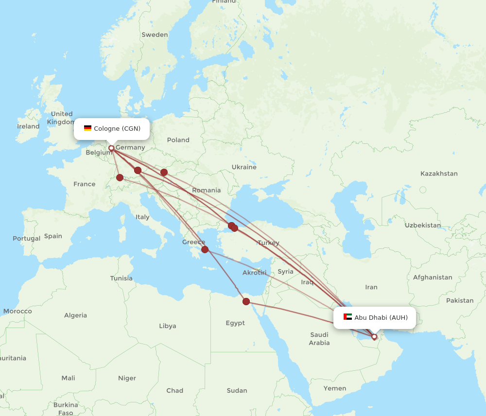 AUH to CGN flights and routes map