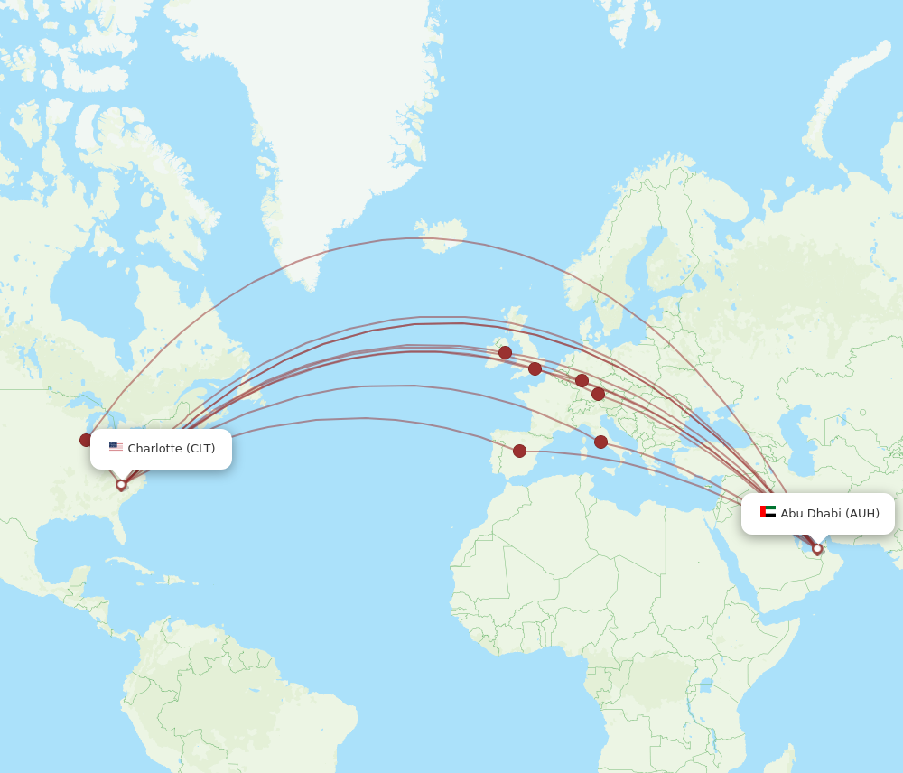 AUH to CLT flights and routes map