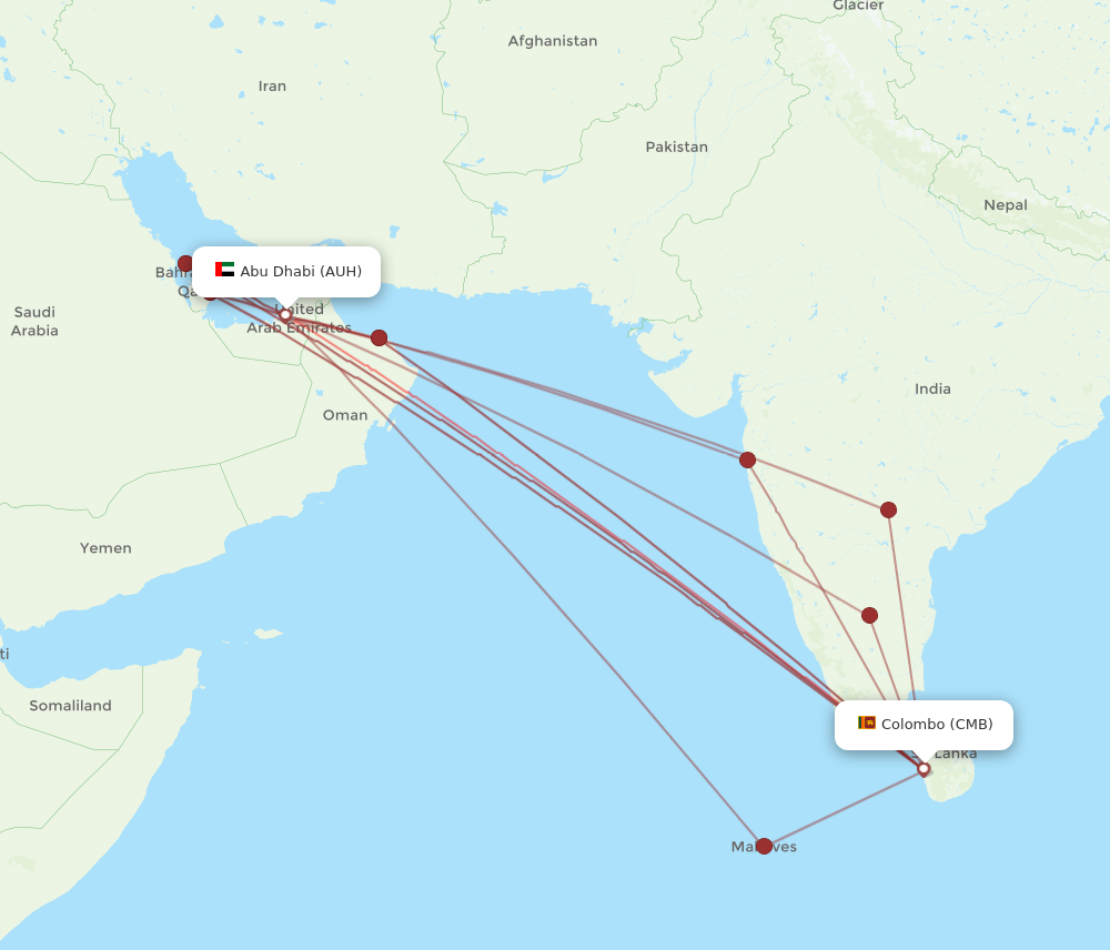AUH to CMB flights and routes map