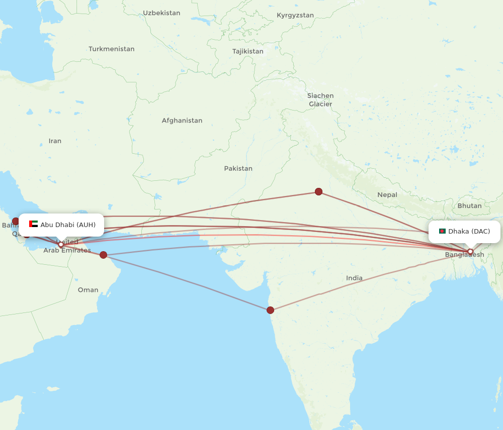 AUH to DAC flights and routes map