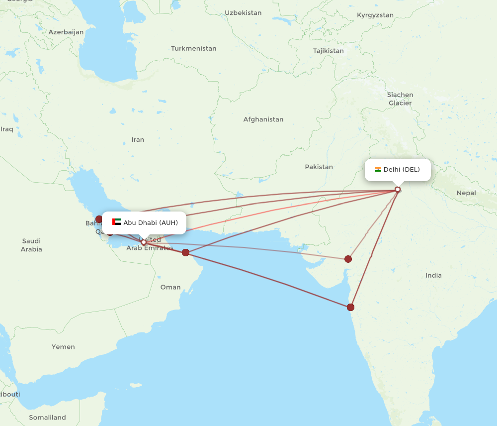 AUH to DEL flights and routes map