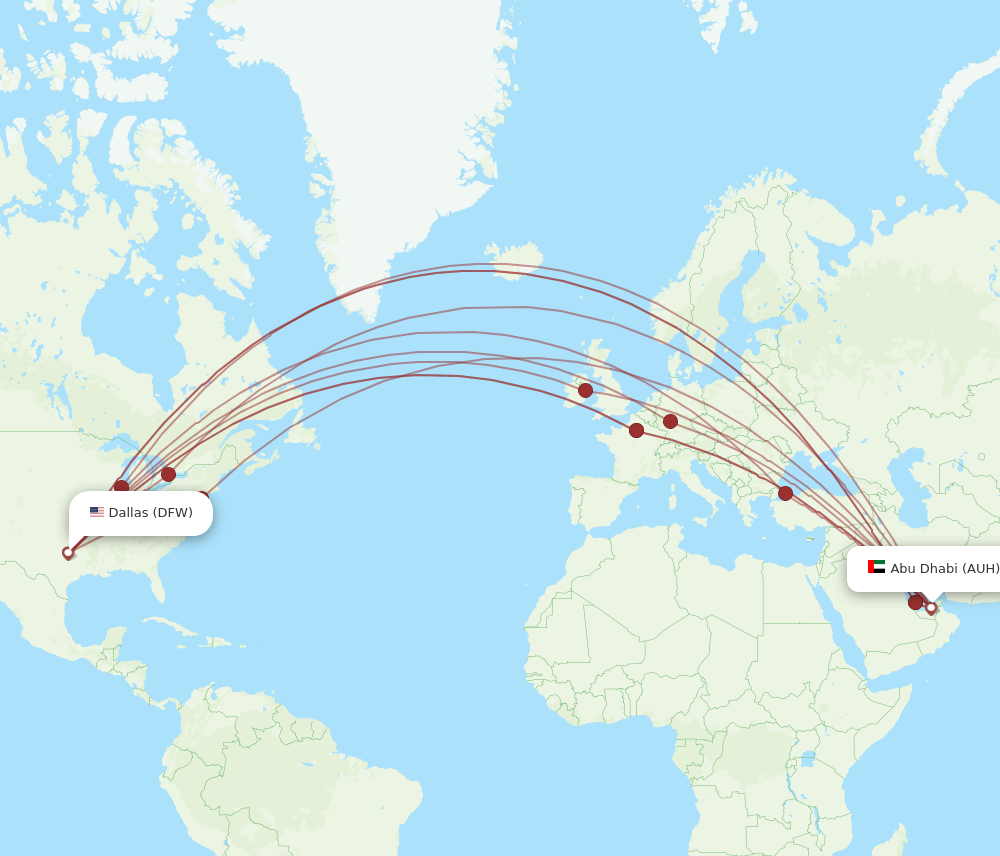 AUH to DFW flights and routes map