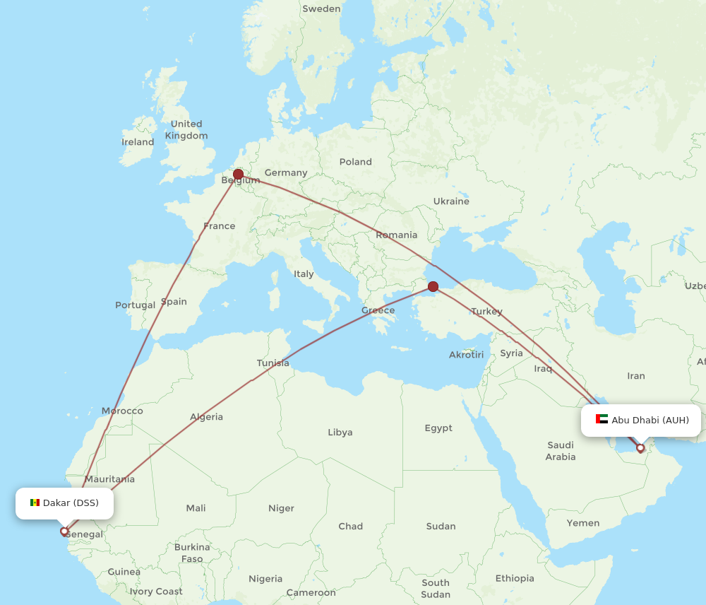 AUH to DSS flights and routes map