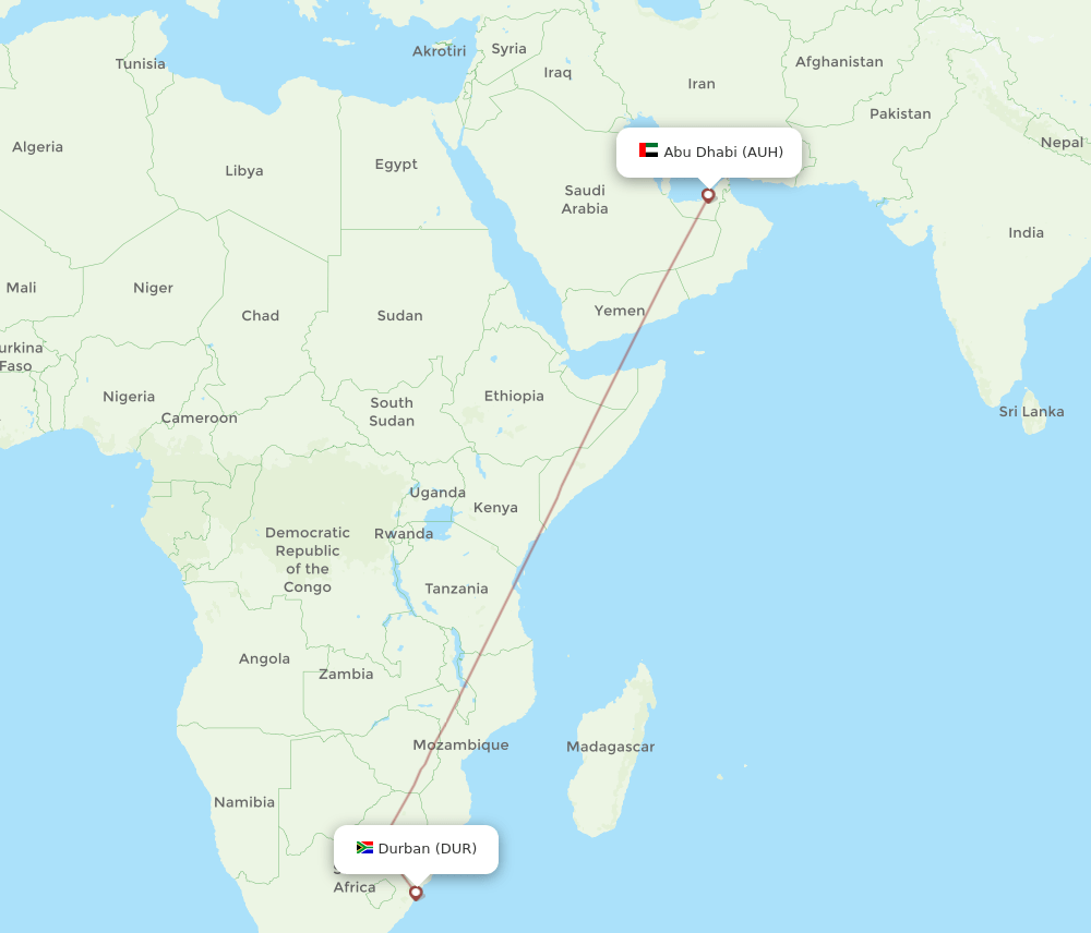 AUH to DUR flights and routes map