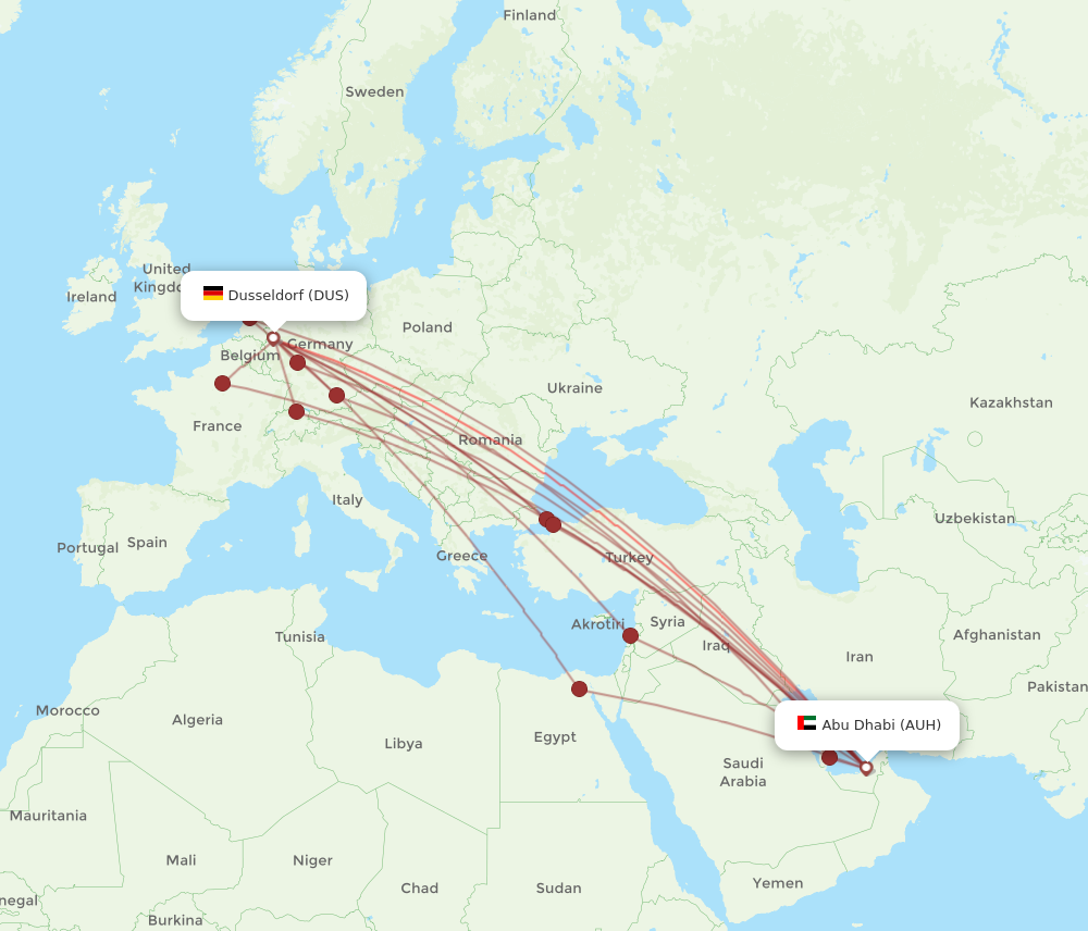 AUH to DUS flights and routes map