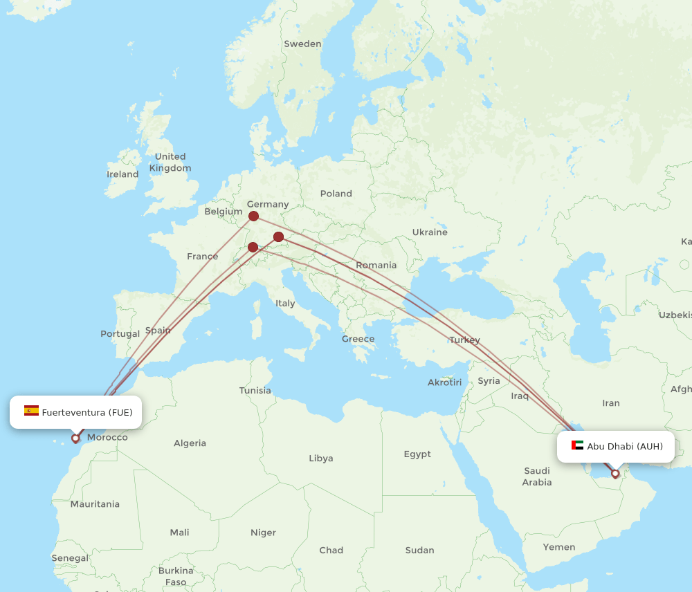 Puerto del Rosario - Abu Dhabi route map and flight paths
