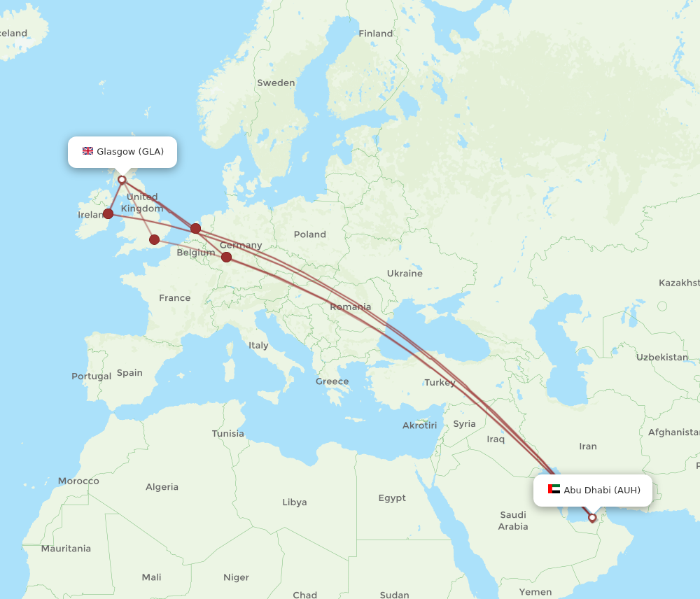 AUH to GLA flights and routes map