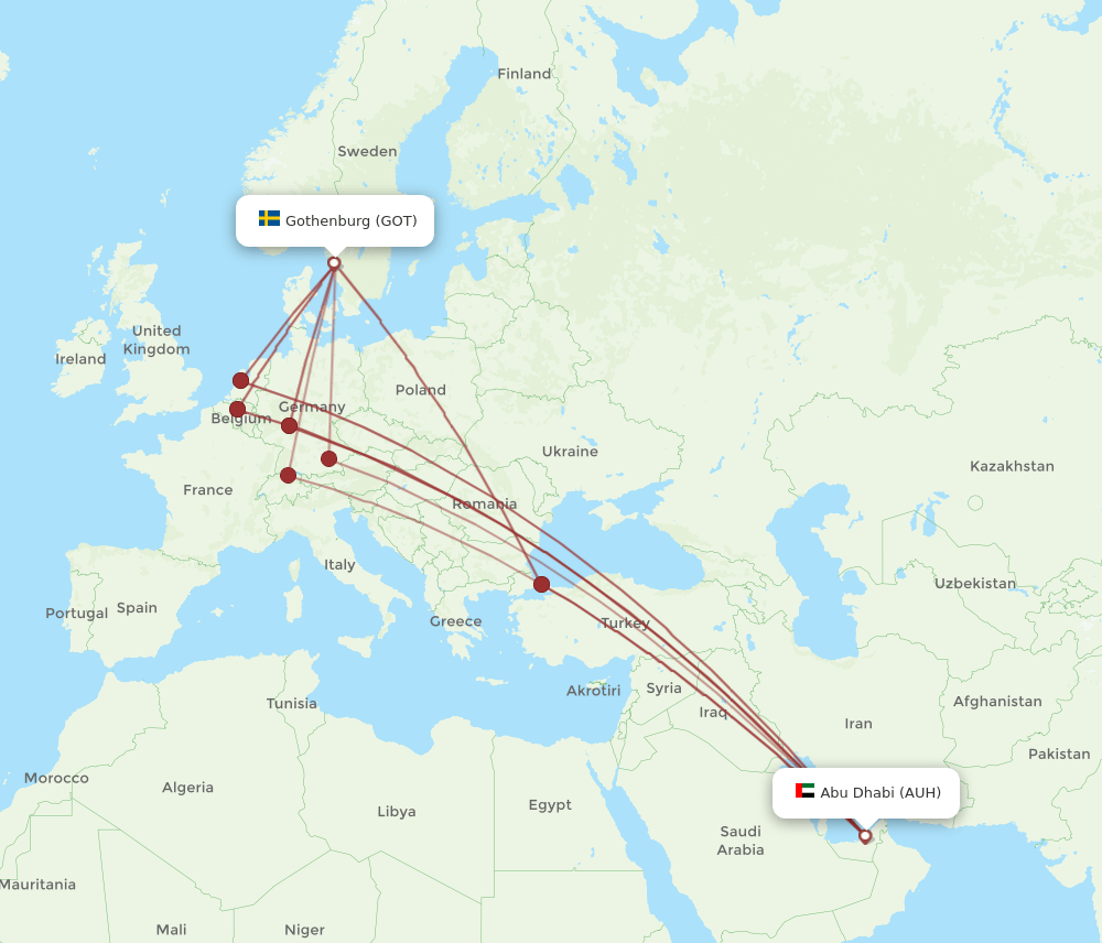 AUH to GOT flights and routes map