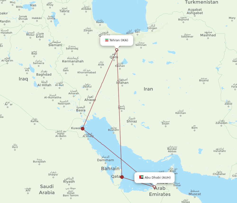 AUH to IKA flights and routes map