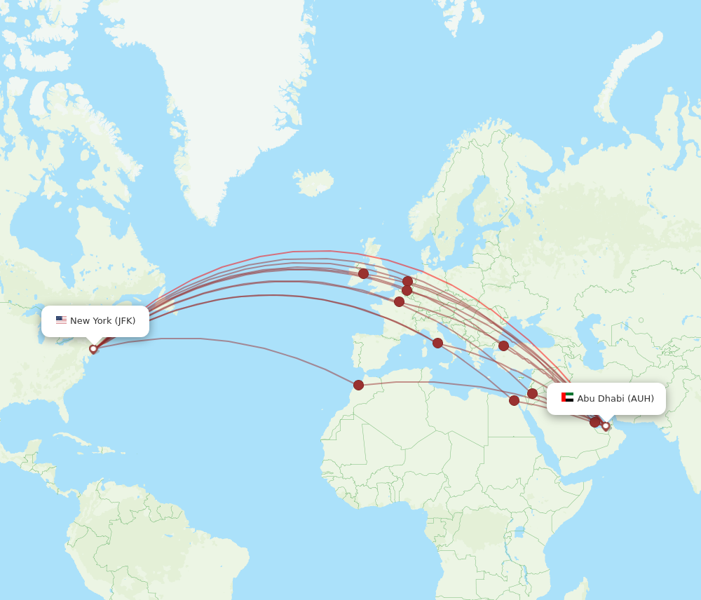 AUH to JFK flights and routes map