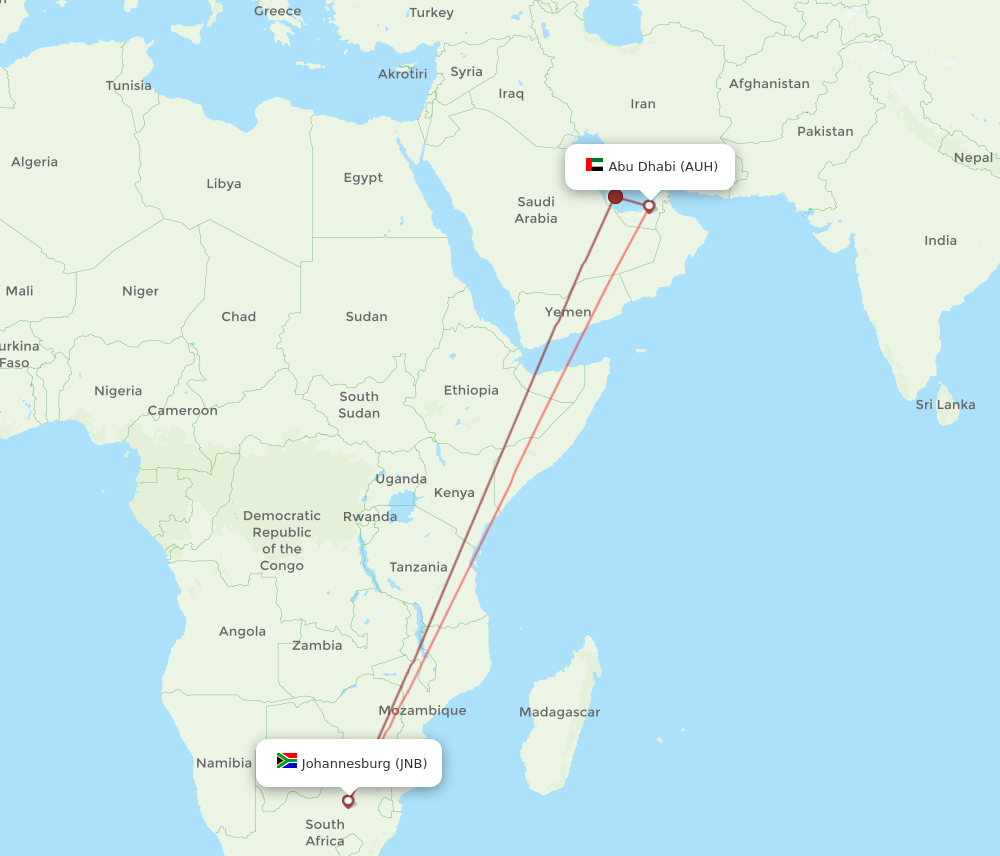 AUH to JNB flights and routes map