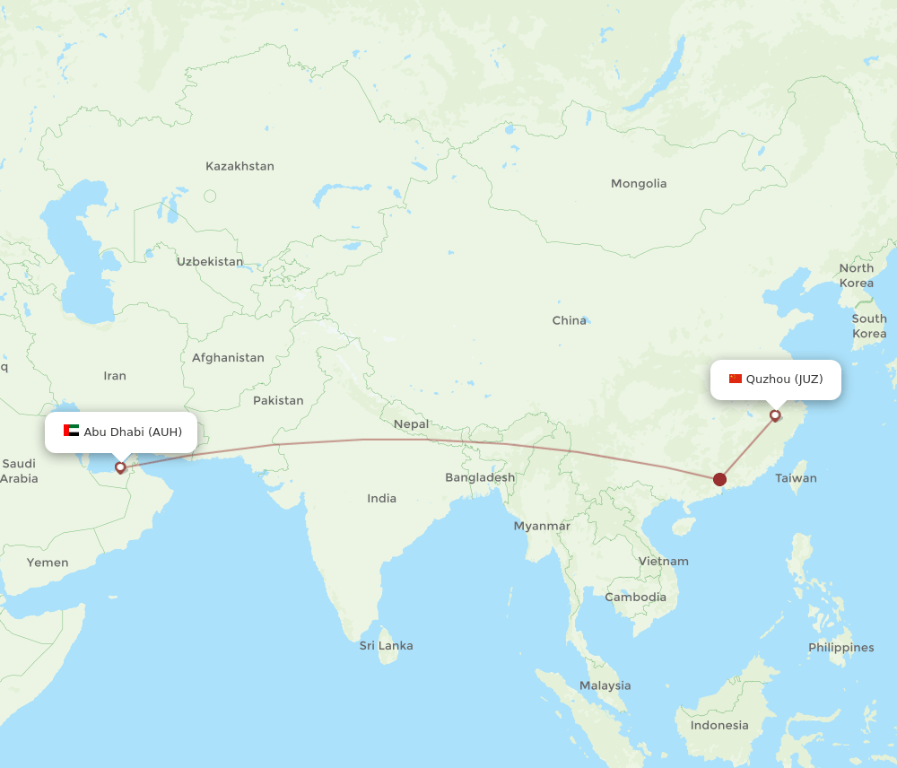 Quzhou, Zhejiang Province - Abu Dhabi route map and flight paths