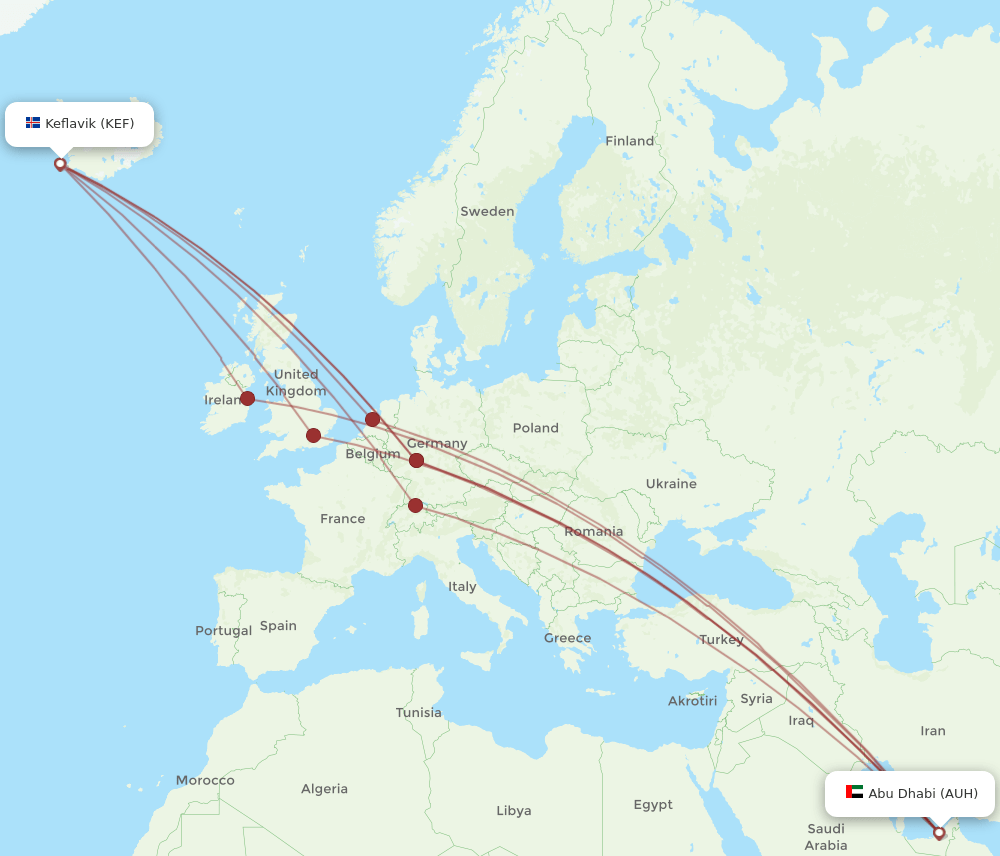 AUH to KEF flights and routes map