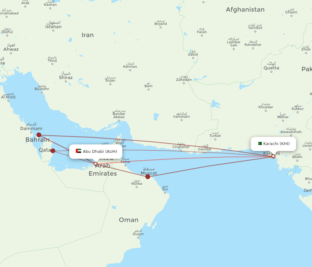 AUH to KHI flights and routes map