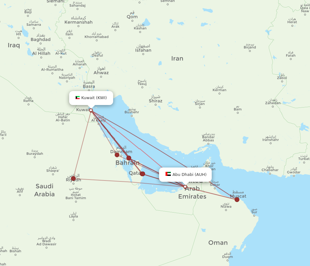 AUH to KWI flights and routes map