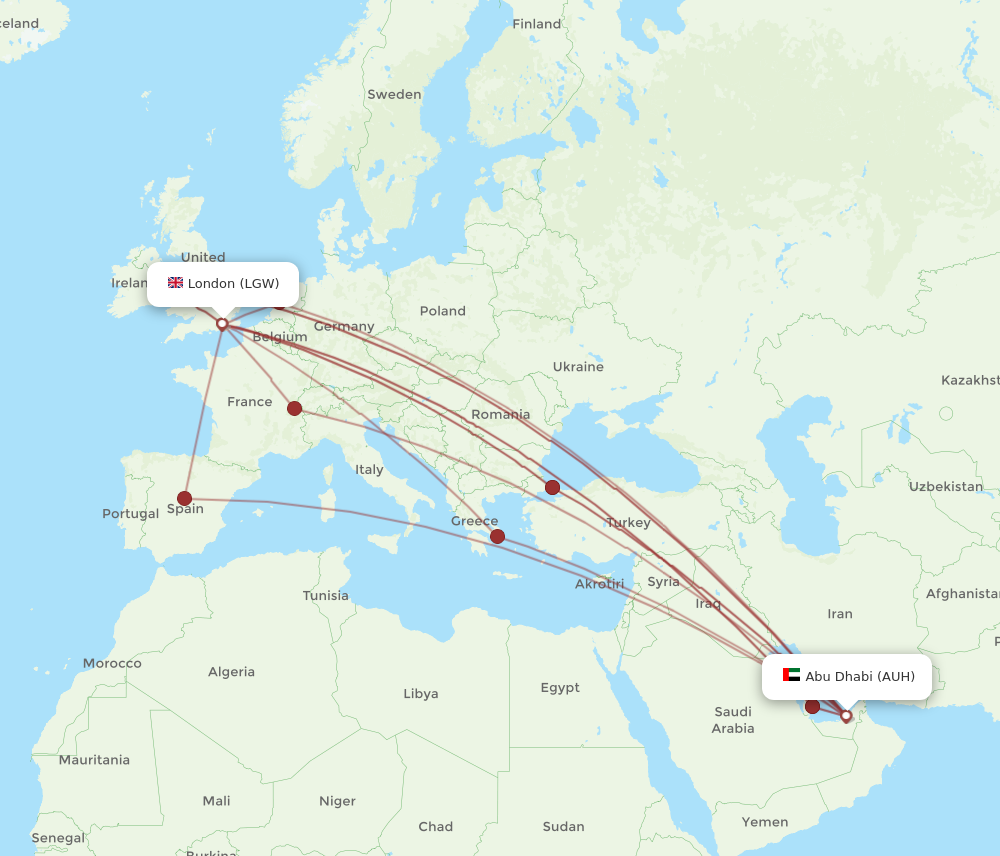 AUH to LGW flights and routes map