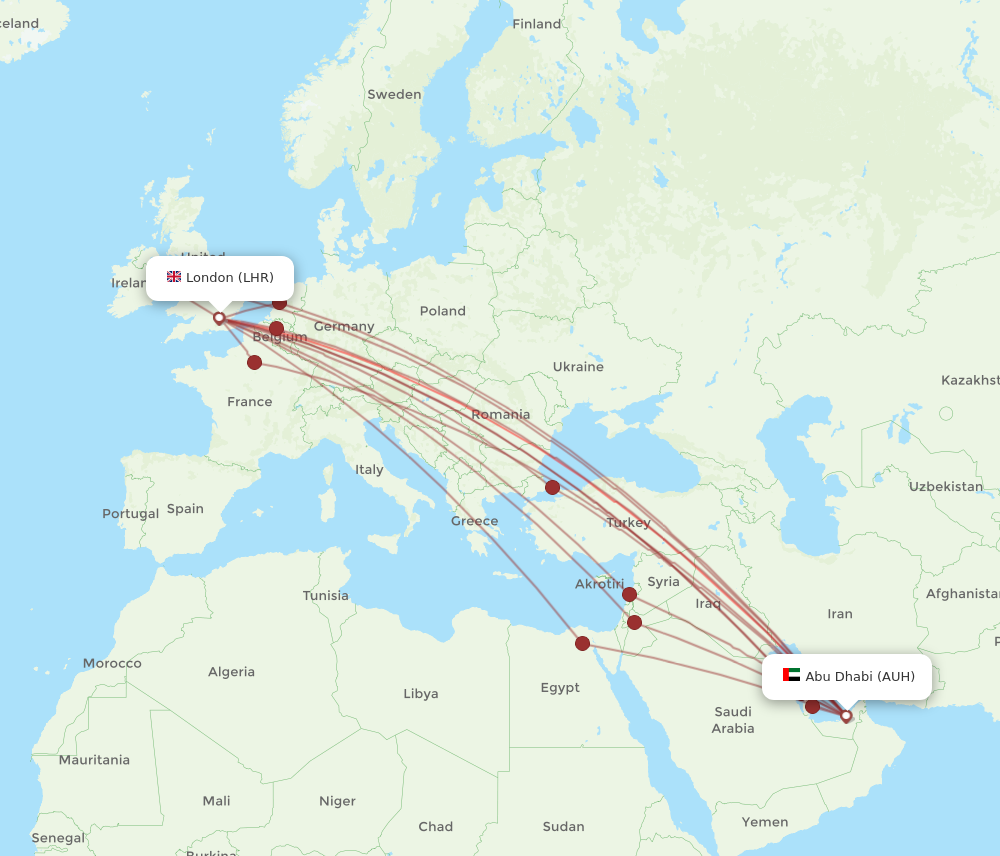AUH to LHR flights and routes map