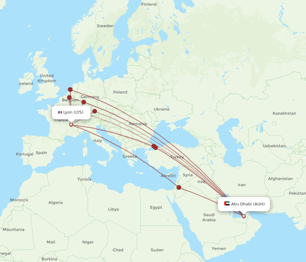 AUH to LYS flights and routes map