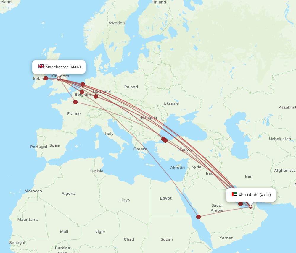 AUH to MAN flights and routes map