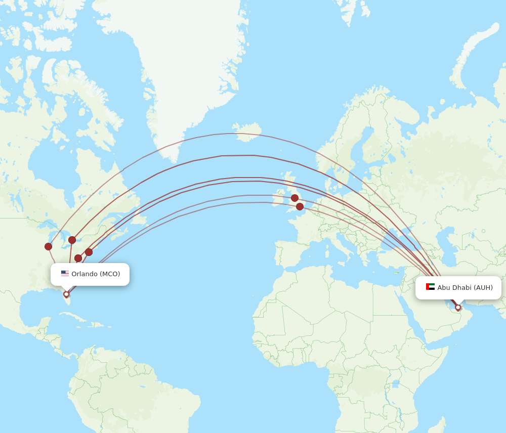 AUH to MCO flights and routes map