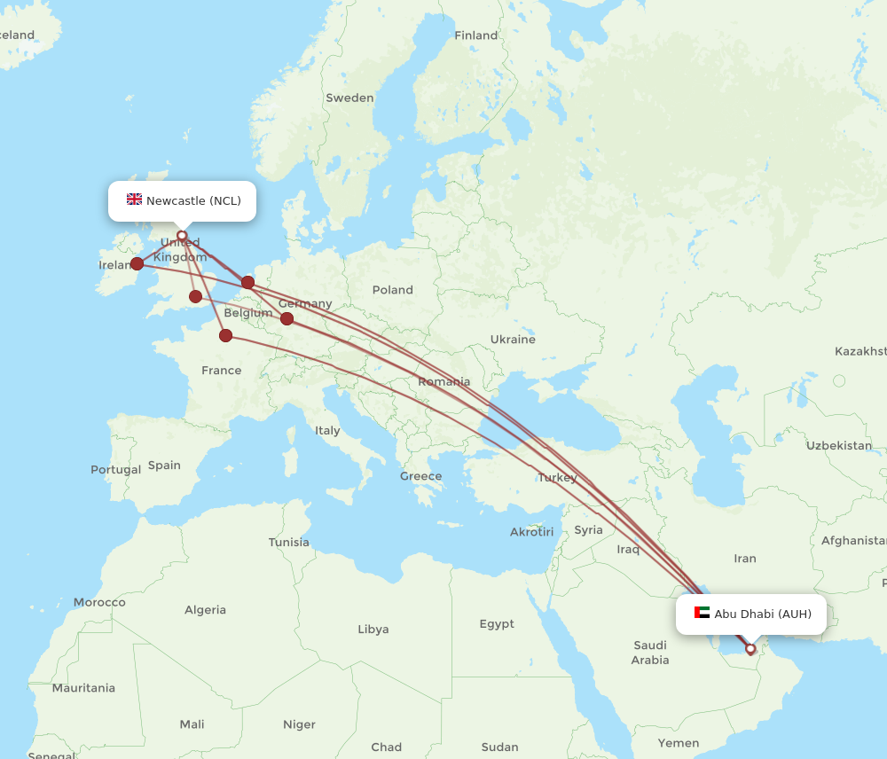 AUH to NCL flights and routes map