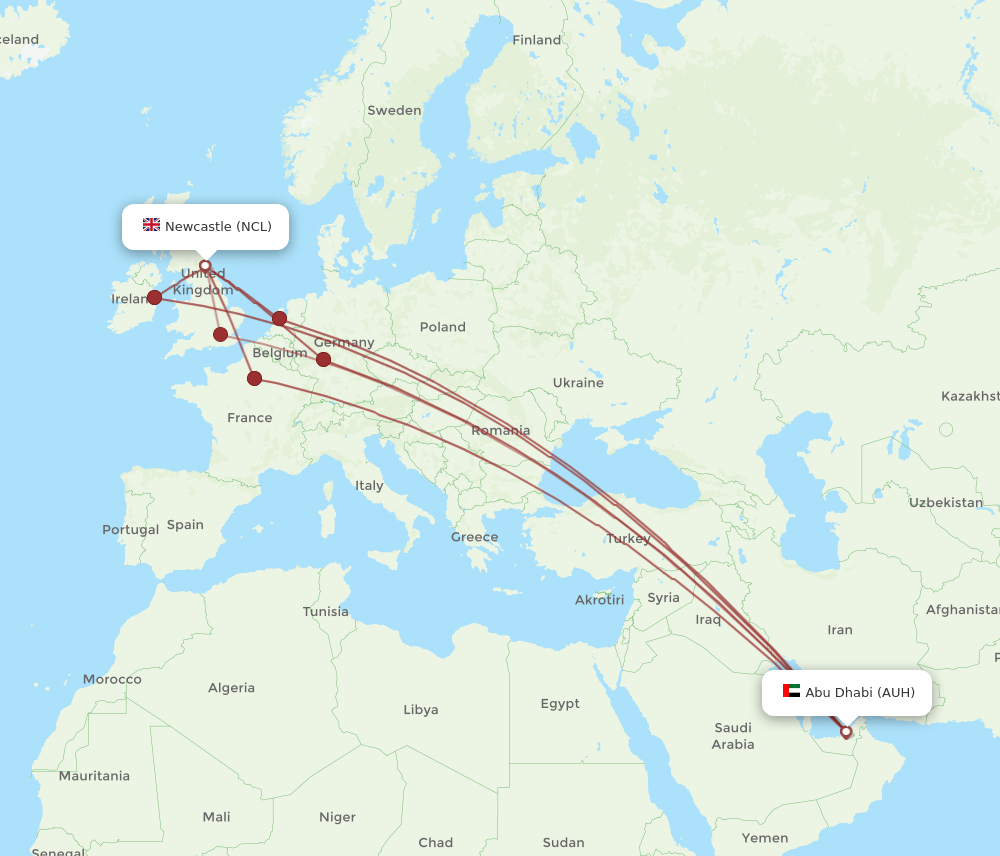 AUH-NCL flight routes