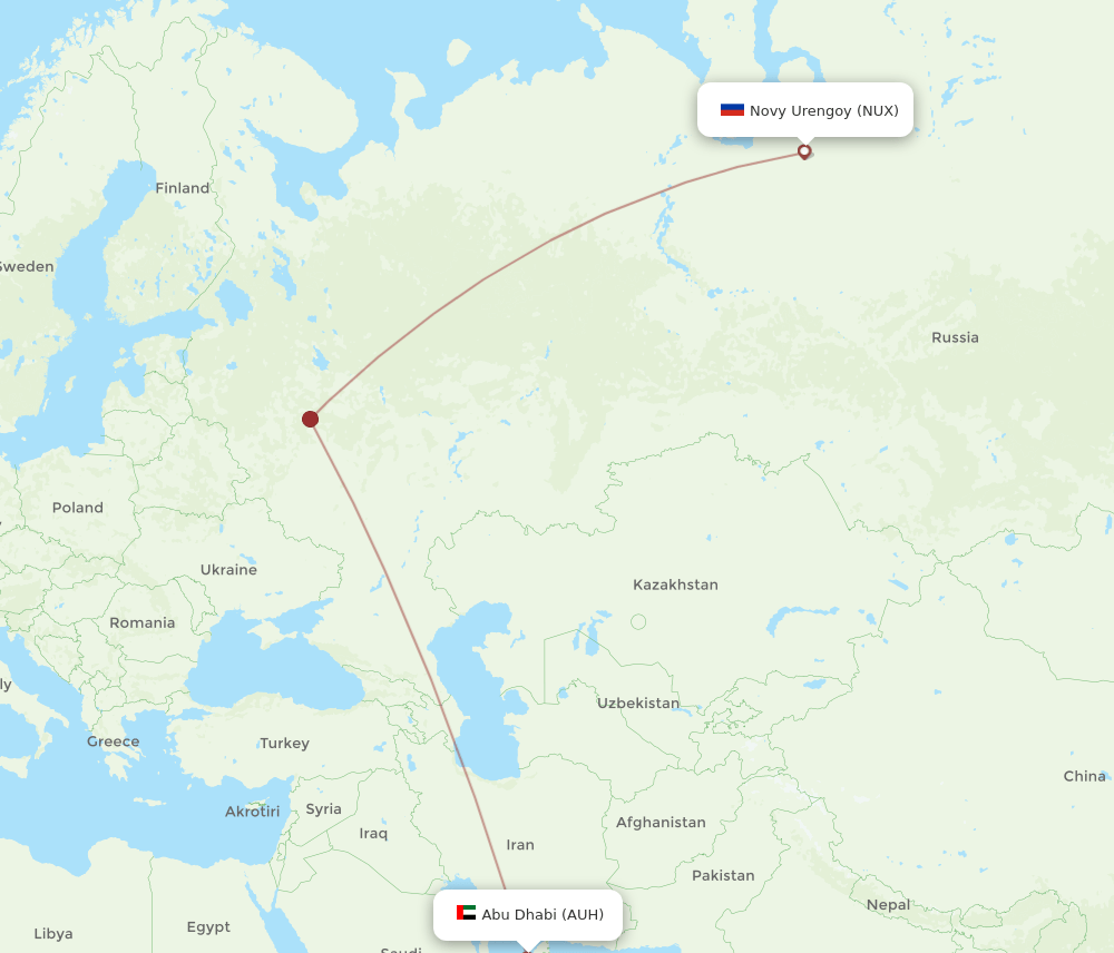 Novyj Urengoj - Abu Dhabi route map and flight paths