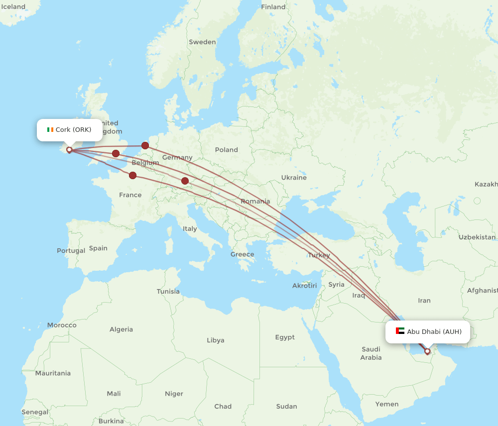 AUH to ORK flights and routes map