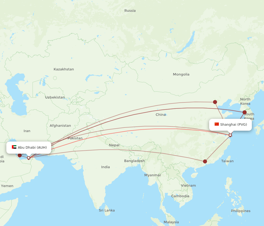 AUH to PVG flights and routes map