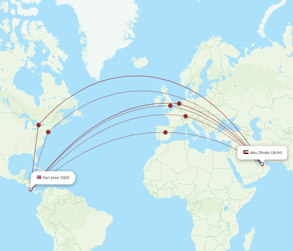AUH to SJO flights and routes map