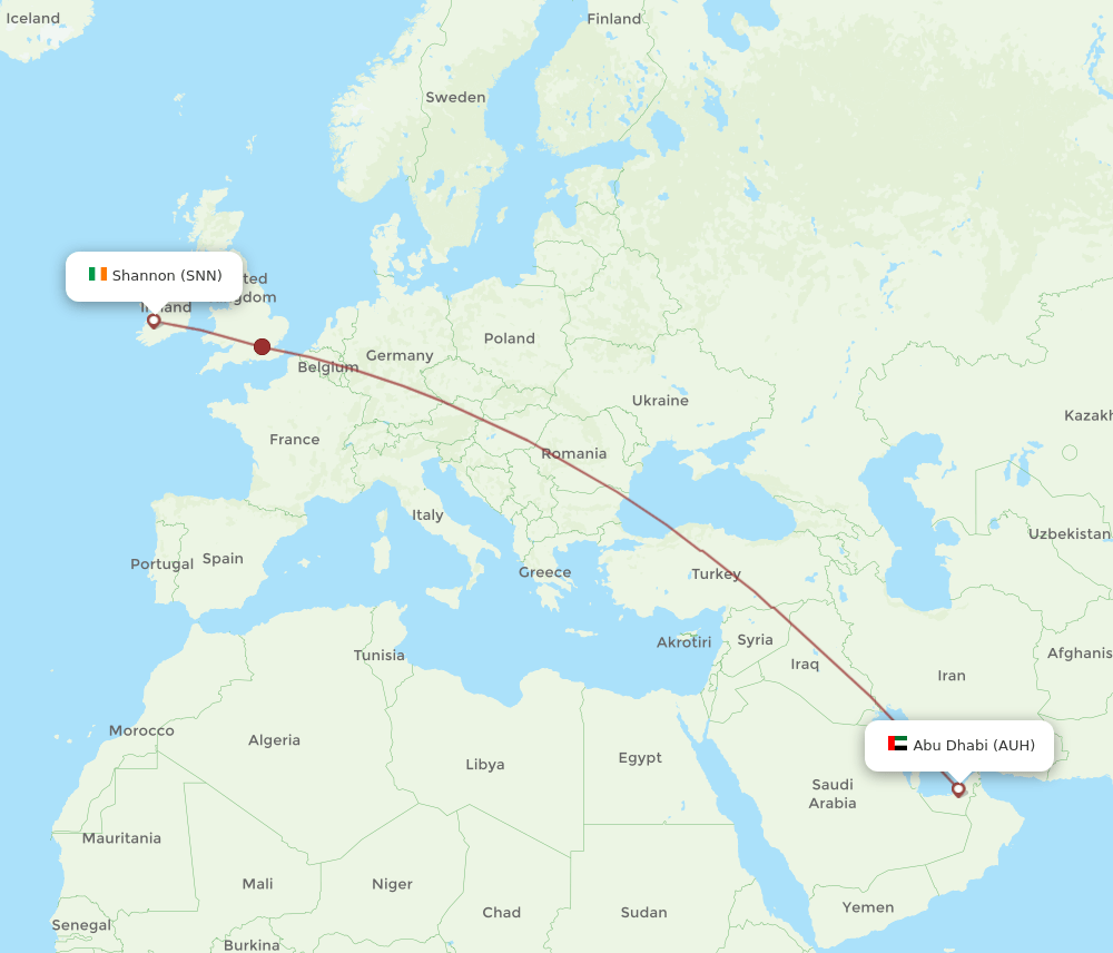 AUH to SNN flights and routes map