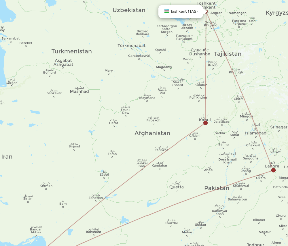 AUH to TAS flights and routes map