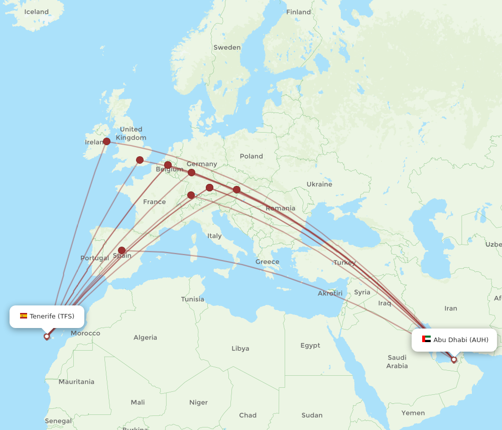 AUH to TFS flights and routes map