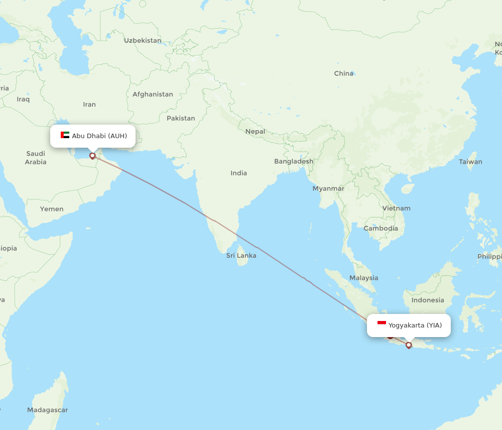 AUH to YIA flights and routes map