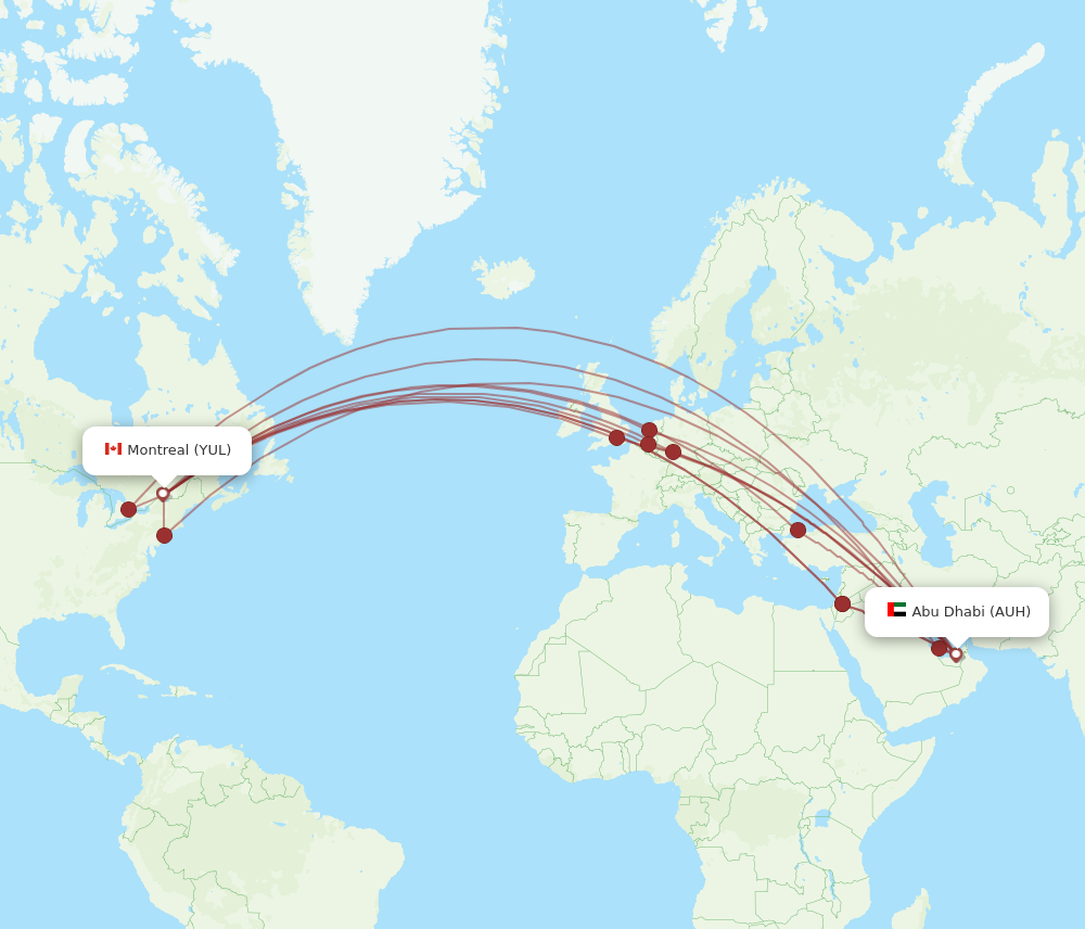 AUH to YUL flights and routes map