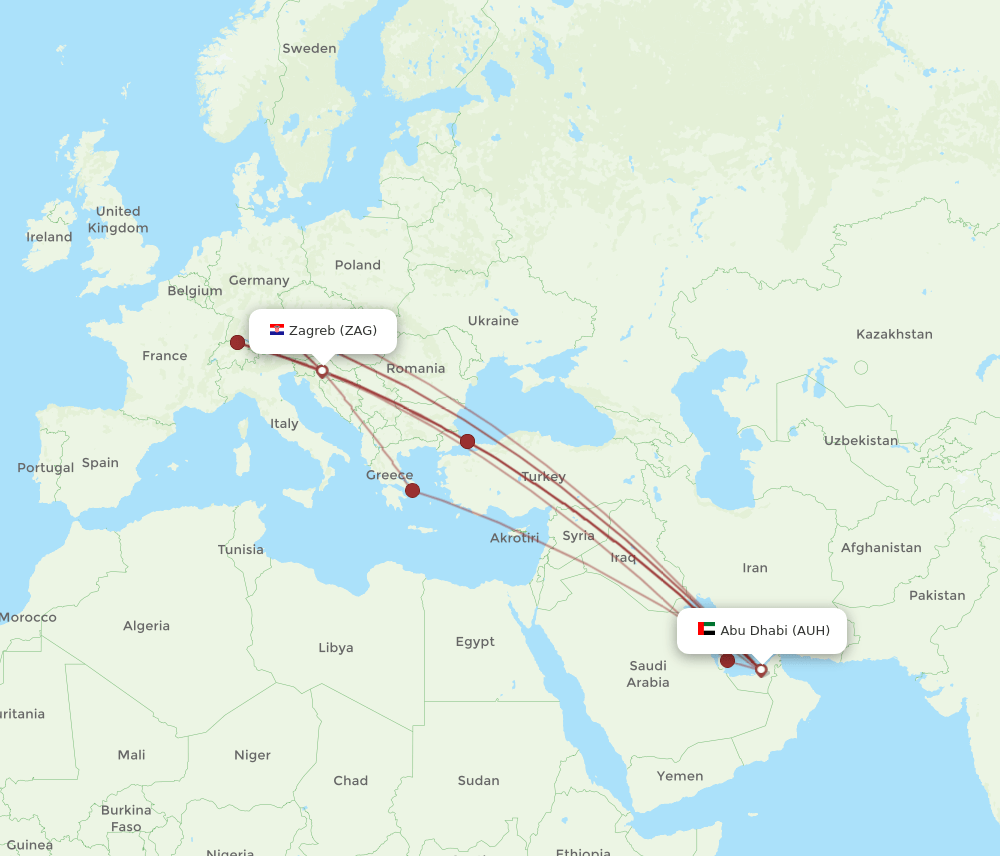 Zagreb - Abu Dhabi route map and flight paths