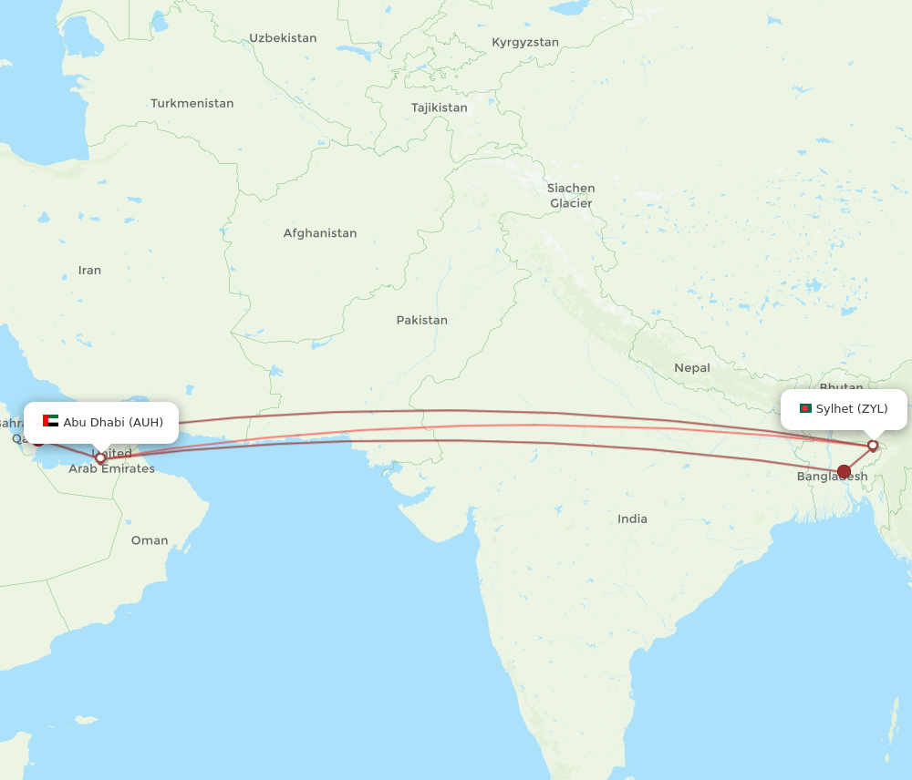 Sylhet - Abu Dhabi route map and flight paths