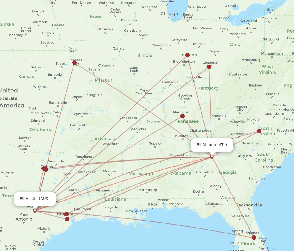 AUS to ATL flights and routes map