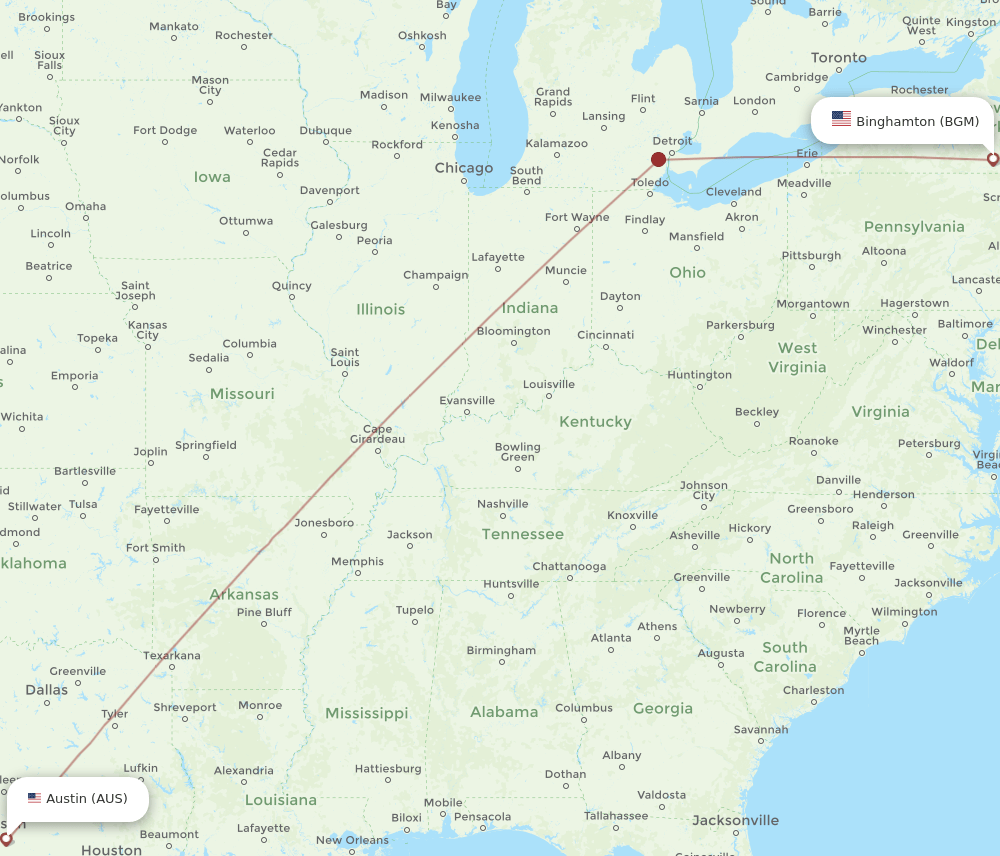 AUS to BGM flights and routes map