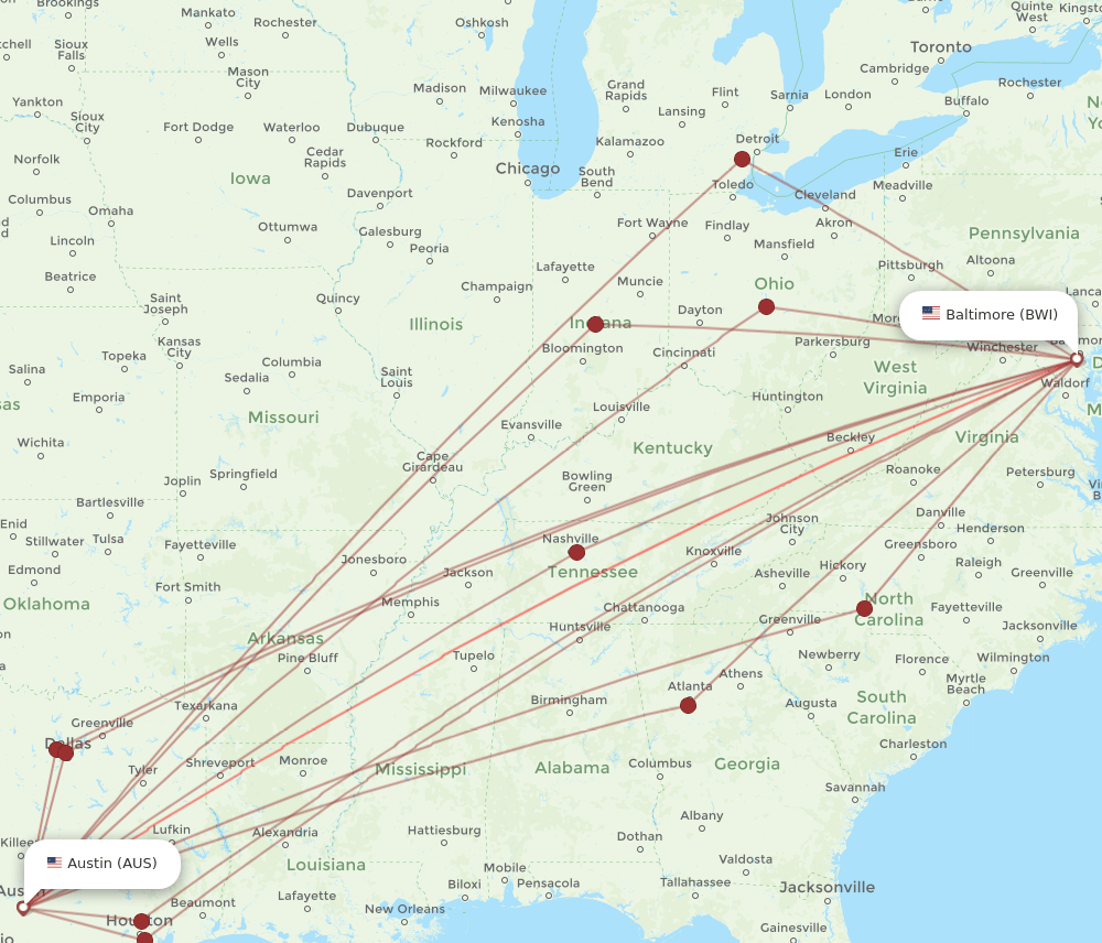 AUS-BWI flight routes