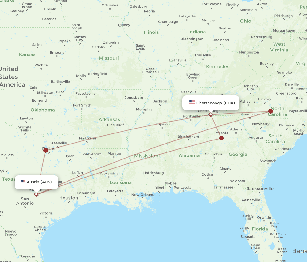 AUS to CHA flights and routes map