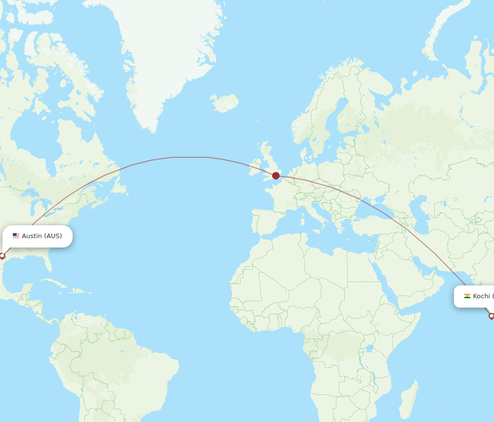 Austin - Kochi route map and flight paths