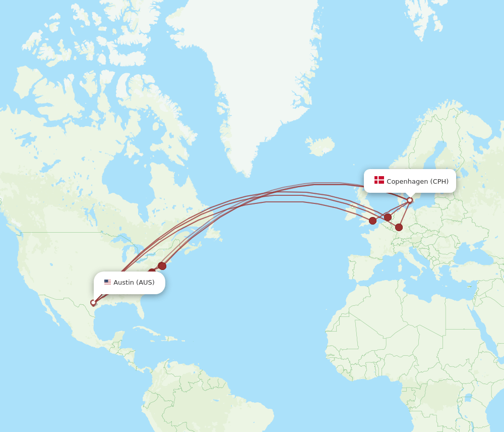 AUS-CPH flight routes