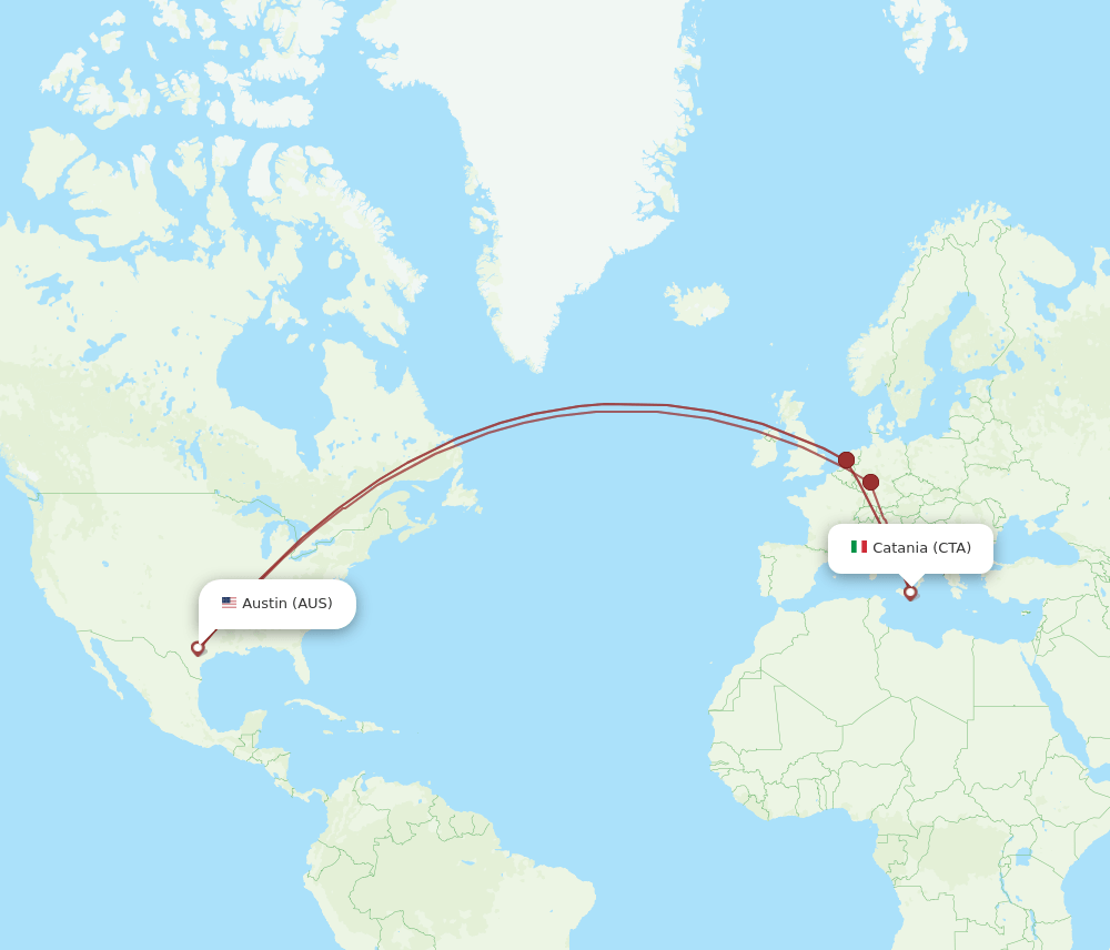 Catania - Austin route map and flight paths