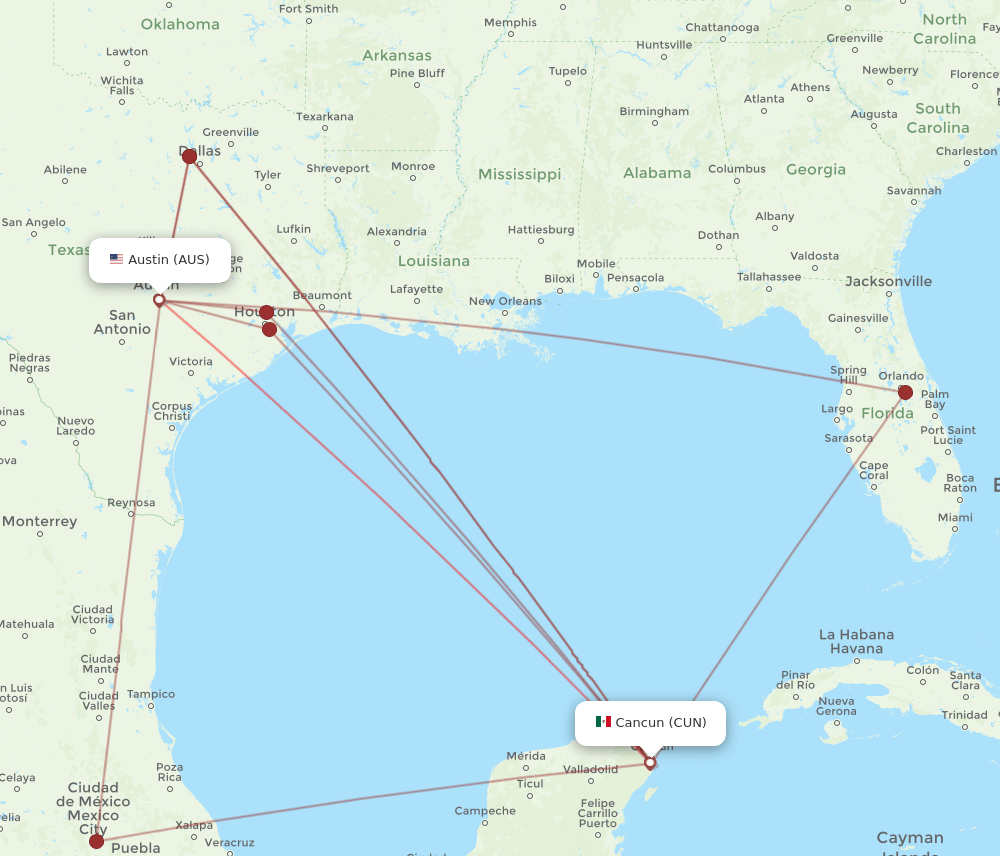 AUS-CUN flight routes