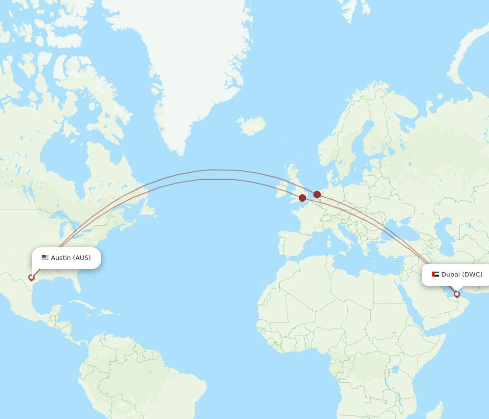 Austin - Dubai route map and flight paths